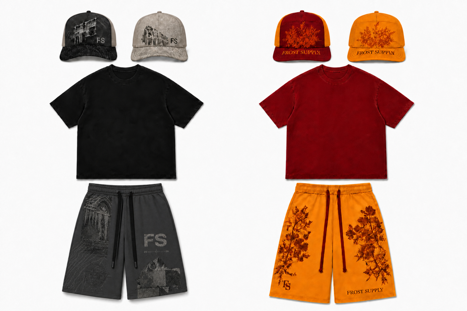 Frost Supply capsule with four cap colourways and charcoal gothic shorts